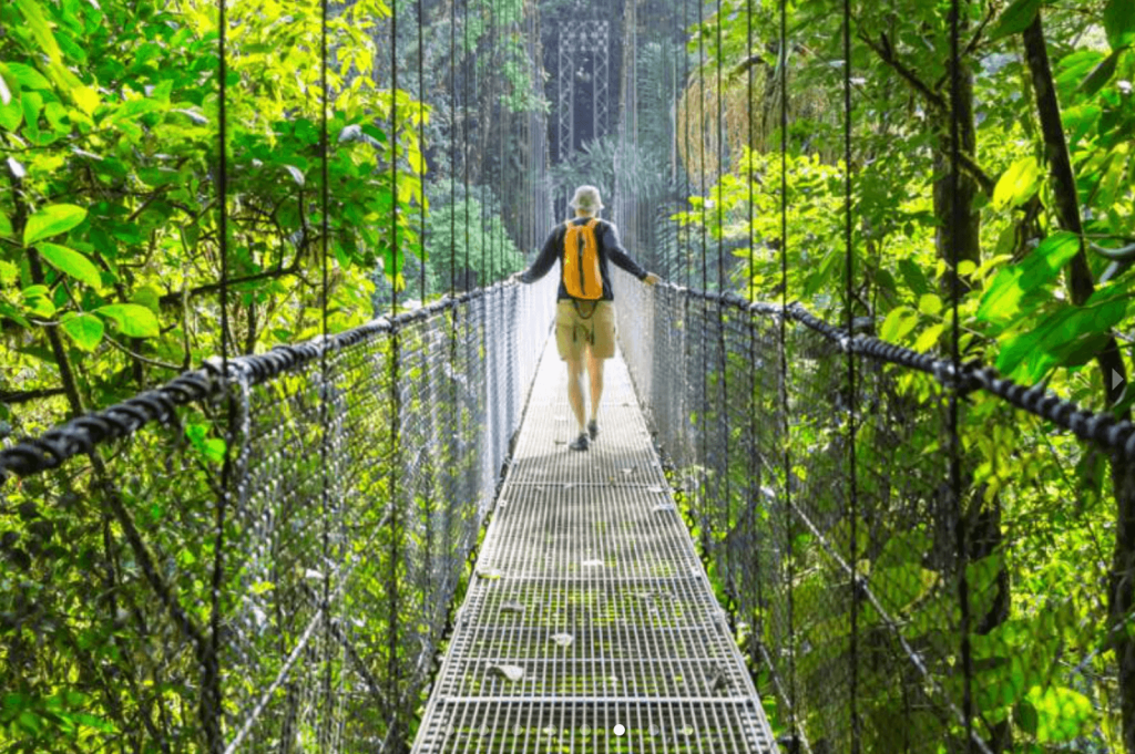Tourist crossing a hanging bridge over the canopy of a lush rainforest near La Fortuna, Costa Rica — Tours in La Fortuna